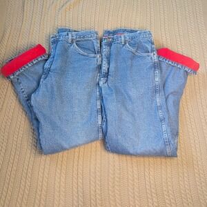 Wrangler Rugged Wear Fleece Lined Jeans Mens 38x32 Blue Denim Red Lining